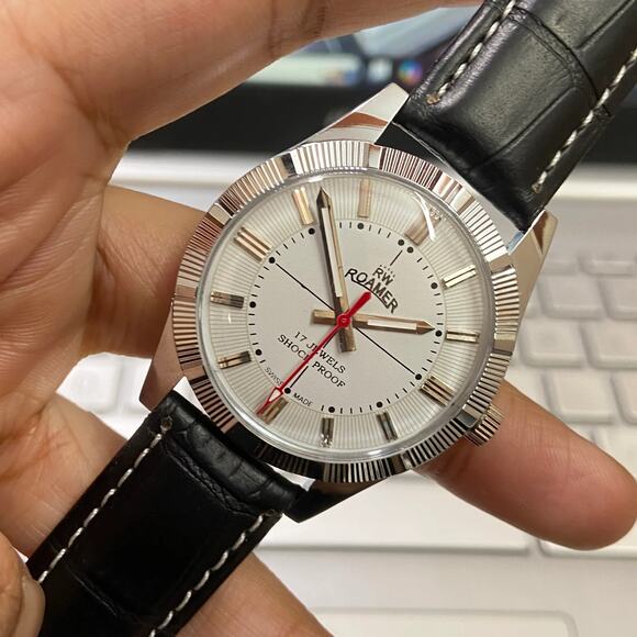 Roamer Other - Vintage 1975 Roamer Manual Mens Silver Watch W/Leather Strap & White accents